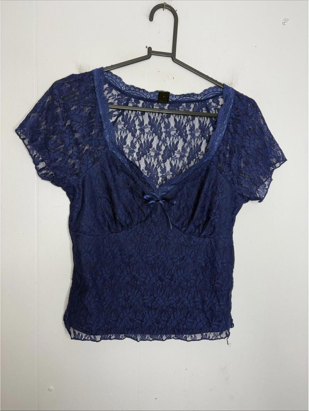 Womens Top Medium Lace Babydoll Sheer Sleeves Lined Lightweight Blue Feminine